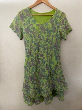 Italy Green Printed Short-Sleeve flared dress 100% cotton lined 21x38 feminine